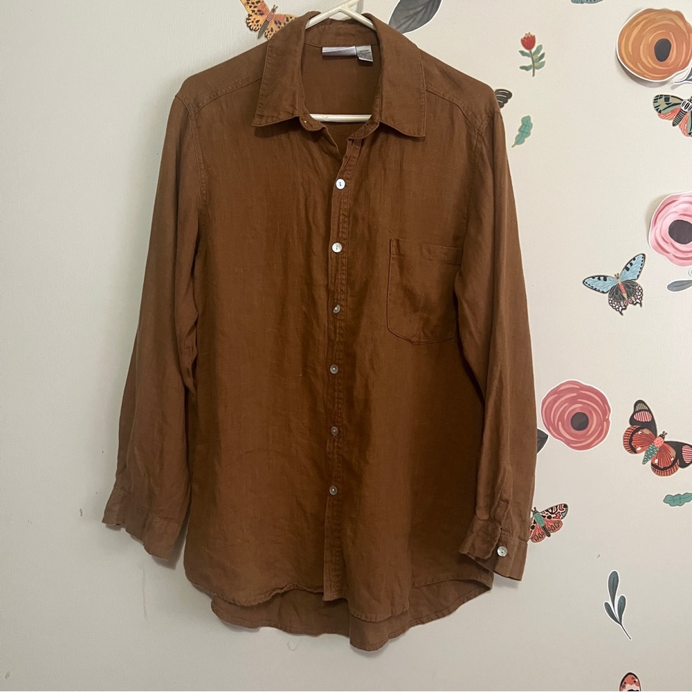 Vintage Linen Women's Button-Down Shirt in Warm Brown L